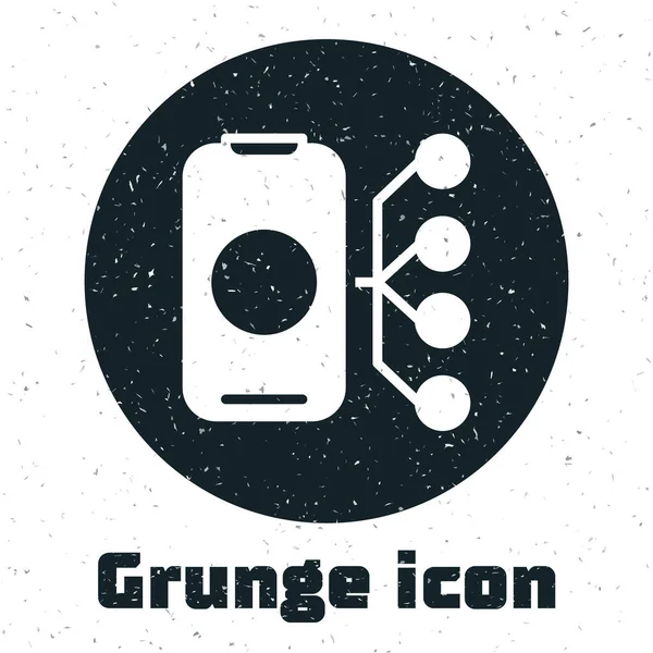 Grunge Neuronales Netzwerk Ikone isoliert auf weißem Hintergrund. Künstliche Intelligenz. Monochrome Vintage-Zeichnung. Vektor — Stockvektor