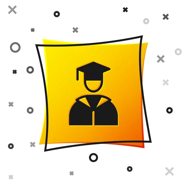 Черный Graduate и выпускной колпачок иконка изолирована на белом фоне. Желтая квадратная кнопка. Вектор — стоковый вектор