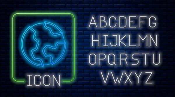 Leuchtende Neon Earth Globus Ikone isoliert auf Backsteinwand Hintergrund. Welt- oder Erdzeichen. Globales Internetsymbol. Geometrische Formen. Neonlicht-Alphabet. Vektor — Stockvektor