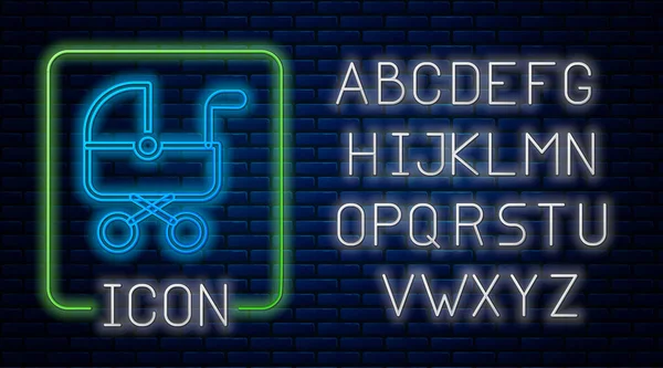 Ícone de carrinho de bebê de néon brilhante isolado no fundo da parede de tijolo. Carruagem de bebê, buggy, carrinho, carrinho, roda. Alfabeto claro de néon. Vetor — Vetor de Stock