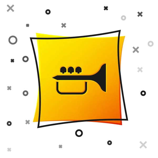 Ícone de trompete preto isolado no fundo branco. Trombeta de instrumento musical. Botão quadrado amarelo. Vetor — Vetor de Stock