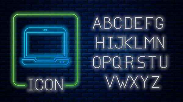 Lumineux néon icône ordinateur portable isolé sur fond de mur de briques. Ordinateur portable avec signe d'écran vide. Alphabet néon. Vecteur — Image vectorielle