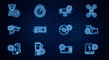 Hat ayarları, video kamera, klima, hızlı ödemeler, güvenlik, kum saati, CD veya DVD diski ve zaman yönetimi simgesi. Vektör