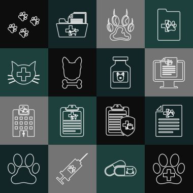 Veteriner kliniği, köpek ya da kedi için tıbbi sertifika monitörde klinik kayıt hayvanı, pençe izi, köpek ve kemik ve ilaç şişesi ikonu. Vektör