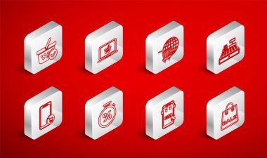 İndirimli alışveriş çantası, dizüstü bilgisayarda sepet, el arabası, kasa makinesi, cep telefonu ve alışveriş, kontrol işareti, Kronometre ve simge. Vektör