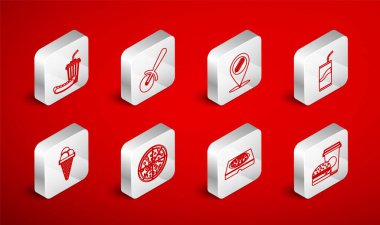 Sabit hat kahve, hamburger, pizza bıçağı, sosisli sandviç, soda kutusu saman, karton kutu ve dondurma külahı ikonu. Vektör