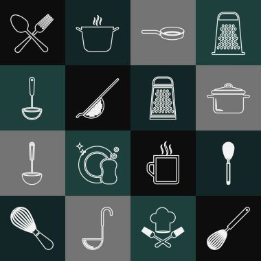 Mutfak çırpıcısını, tencereyi, kızartma tavasını, süzgeci, kepçeyi, çapraz çatal kaşığı ve rendelenmiş ikonu ayarla. Vektör
