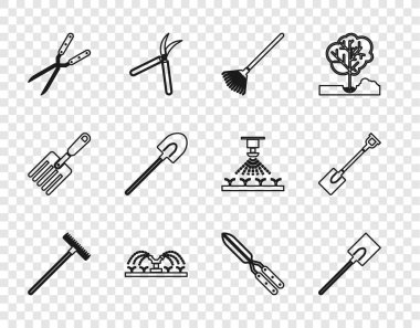 Bahçe tırmığı, kürek, yapraklar, otomatik sulama fıskiyeleri, el yapımı makas ve ikon. Vektör