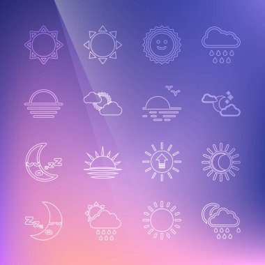 Bulut 'u yağmur ve ay ile, Güneş tutulmasını, yıldızları, güneşi, bulutları, gün batımını ve ikonu ile hizaya sokun. Vektör