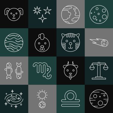 Mars Gezegeni, Terazi burcu, Kuyruklu yıldız hızla düşüyor, Merkür, Horoz, Venüs, Köpek ve Kaplan ikonu. Vektör
