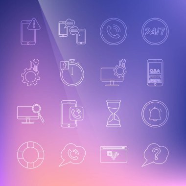 Konuşma baloncuğu Sorusu, Düğme sohbet bildirimi, Mobil ve Ünlem, Telefon çağrısı, Stopwatch, Wrench tornavida viteste, ünlem işareti ve Bilgisayar monitörü servis simgesiyle. Vektör