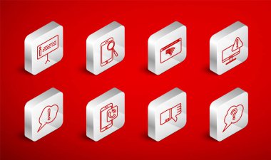 Konuşma baloncuğu sorgusunu, cep telefonu teşhisini, internet bağlantısını, ünlem işaretli monitörü, Sevmeme, Bilgi, Arama ve Ünlem simgesini ayarla. Vektör