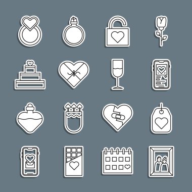 Çizgi çerçevesi, kalp etiketi, cep telefonu, kilit ve şekeri şekillendirilmiş kutuda, düğün pastası, yüzükler ve şarap bardağı ikonu. Vektör