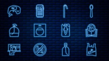 Hattı belirle Ölü kuş, plastik, Dünya küresi ve kitap, saman, pil paketi, sıvı sabun şişesi, çevre koruma balinası ölü, okyanus kirliliğini ve ikonu durdur. Vektör