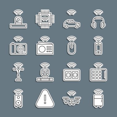 Akıllı buzdolabı, kablosuz tablet, akıllı telefon, kablosuz araba sistemi, radyo, fotoğraf makinesi, güvenlik ve fare simgesi. Vektör