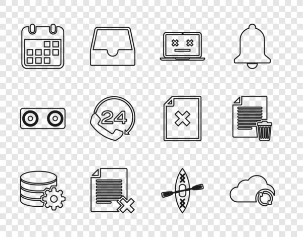 Set line Setting database server, Cloud sync refresh, Dead laptop, Delete file document, Calendar, Telephone 24 hours support, Kayak and paddle and icon. Vector — Stock Vector