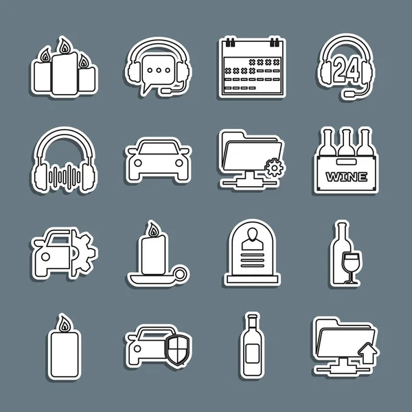 Establecer línea de carga de carpetas FTP, Botella de vino con vidrio, Botellas de caja de vino, Calendario, Coche, Auriculares y ondas de sonido, Velas ardientes y el icono de configuración. Vector — Archivo Imágenes Vectoriales