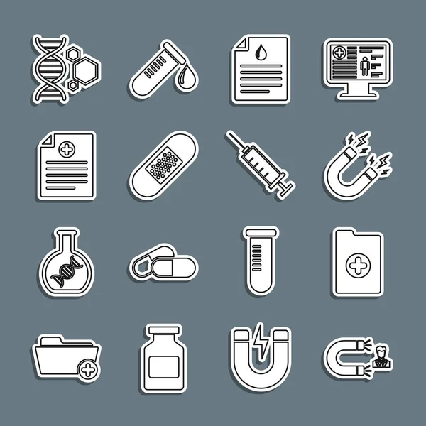 Set line Klantaantrekking, Klinisch dossier, Magneet met bliksem, Bloedonderzoek op klembord, Bandgips, Genetische manipulatie en Spuitpictogram. Vector — Stockvector