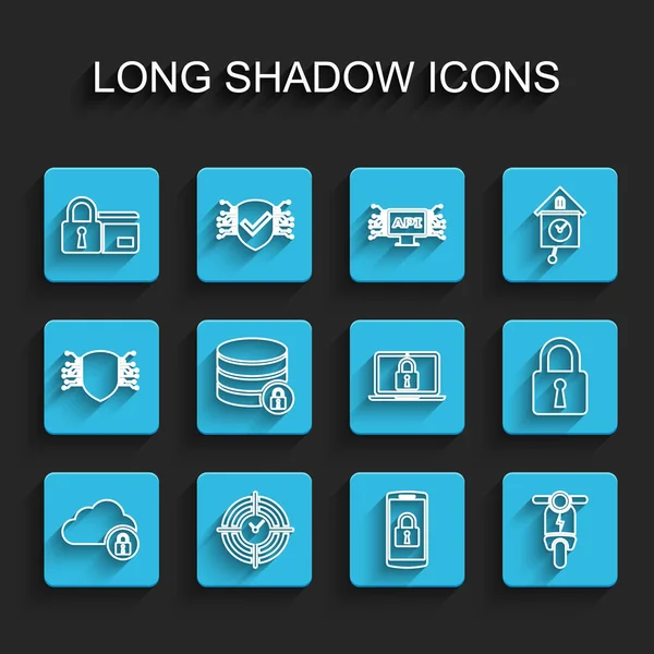 セットラインクラウドコンピューティングロック、時間管理、クレジットカード、スマートフォン、電動スクーター、サーバーセキュリティ、ロックとラップトップとアイコン。ベクトル — ストックベクタ