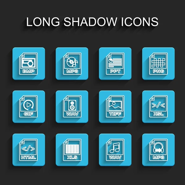 Stel lijn HTML-bestand document, XLS, BMP, WAV, MP3, XSL en TIFF pictogram. Vector — Stockvector