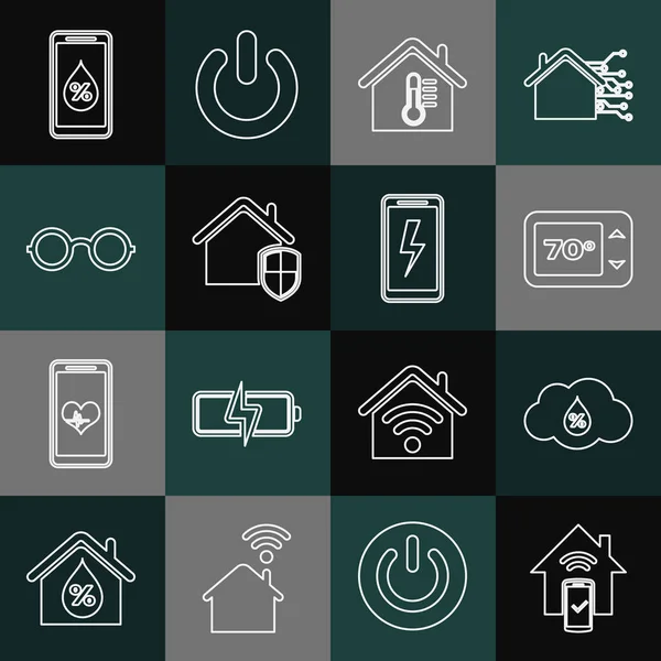 Set line Smart home remote control system, Humidity, Thermostat, House temperature, under protection, Glasses, for smart and Mobile charging battery icon. Vector — Stock Vector