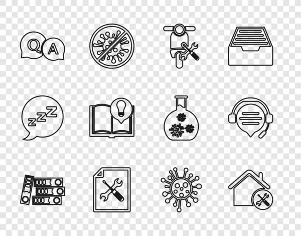 Set line Office folders, House service, Scooter, File document, Question and Answer, Interesting facts, Bacteria and Headphones with speech bubble chat icon. Vector — Stock Vector