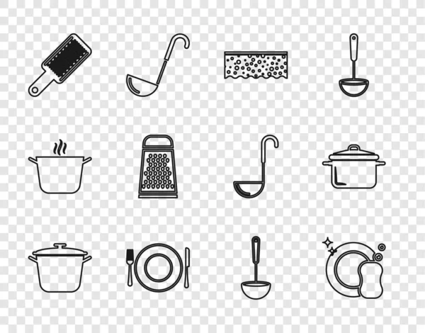 Set kookpotten, afwasbakken, spons met belletjes, plaat, vork en mes, rasp, keukenlepel en icoon. Vector — Stockvector