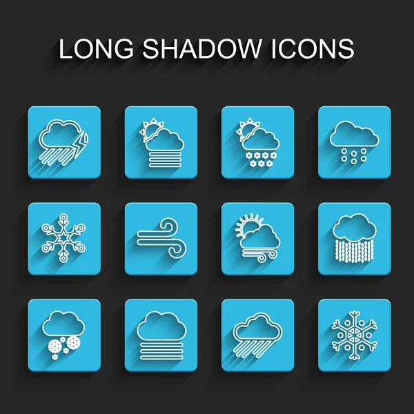 Définir la ligne Nuage avec neige, brouillard et nuages, éclairs de pluie, flocons de neige, vent et icône du temps venteux. Vecteur — Image vectorielle