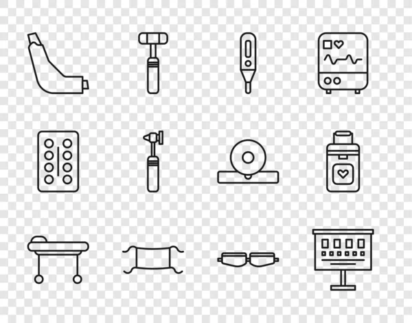 Definir linha maca, gráfico de teste de olho, termômetro digital médico, máscara protetora, inalador, ferramenta otoscópio, óculos de óculos de segurança e ícone recipiente de órgão. Vetor — Vetor de Stock