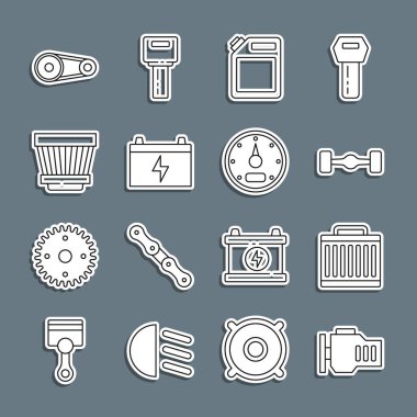 Hattı kontrol et, radyatör soğutma sistemi, Chassis arabası benzin, pil, hava filtresi, zaman ayarlı kemer kiti ve hız göstergesi simgesi için tüp. Vektör