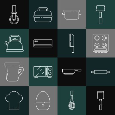 Spatula, merdane, gaz ocağı, tencere, klima, saplı kettle, pizza bıçağı ve bıçak ikonu. Vektör