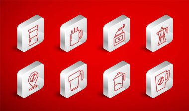 Set hattı kahve fincanı, manuel kahve öğütücü, moka demlik, Fransız presi, bardağı doldurma ve fasulye ikonlu konum. Vektör