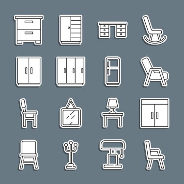 Koltuk, gardırop, ofis masası, mobilya sehpası ve buzdolabı ikonu. Vektör