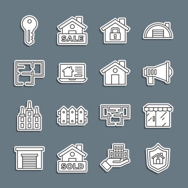 Satır Evi 'ni rozetli, market, megafonlu, koruma altında, çevrimiçi emlak evi, plan, anahtar ve ikonlu ayarla. Vektör