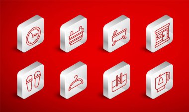 Çay poşetli çay, sauna kovası, küvet, ahşap hamam, yüzme havuzu merdiveni, saat, elbise dolabı ve terlik ikonu. Vektör