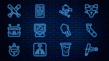 Beyzbol sopası, top, çorap, şapka, kale, arena çapraz beyzbol, eldiven ve iskambil ikonu. Vektör