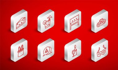 Şenlik maskesi, kokteyl, barbekü brazier, iki hoparlörlü ev teybi, şampanya şişesi, pasta dilimi, pizza dilimi ve sihirbaz şapkası ve tavşan kulağı ikonu. Vektör