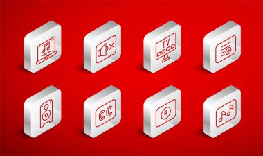 Satır Müzik Notası, ton, Sözcü, Akıllı TV, Parça Listesi Ekle, Kayıt düğmesi, Müzik içeren dizüstü, altyazı ve Stereo hoparlör simgesi. Vektör