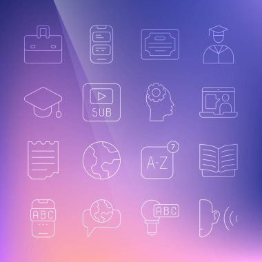 Satır Ear dinleme ses sinyali, Açık kitap, Yabancı dil çevrimiçi çalışma, Sertifika şablonu, Altyazılı video, Mezuniyet başlığı, Evrak Çantası ve Başlık ekipmanlarını simgenin içinde ayarla. Vektör