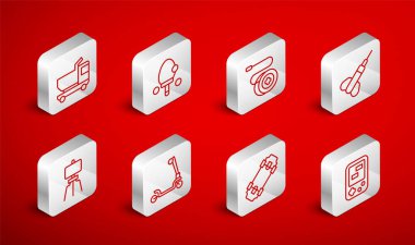 Tetris elektronik oyun, raket, Yoyo oyuncağı, dart oku, kaykay, oyuncak kamyon, scooter ve ahşap resim simgesi. Vektör