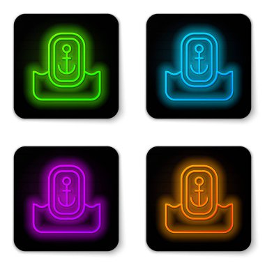 Beyaz arkaplanda izole edilmiş çapa simgesiyle parlayan neon çizgi haritası işaretçisi. Siyah kare düğme. Vektör