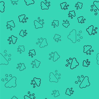 Yağmur ikonlu kara çizgi bulutu yeşil arka planda izole edilmiş pürüzsüz desen. Yağmur damlaları ile yağmur bulutu yağışı. Vektör