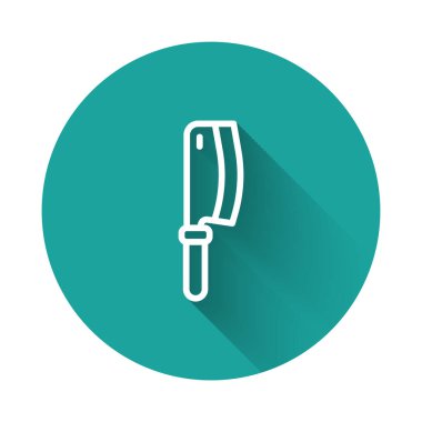 Beyaz çizgi Et Helikopteri simgesi uzun gölge arkaplanı ile izole edildi. Et için mutfak bıçağı. Kasap bıçağı. Yeşil daire düğmesi. Vektör