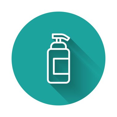 Beyaz çizgi, uzun gölge arkaplan izole edilmiş şeker ikonlu sıvı antibakteriyel sabun. Antiseptik. Dezenfeksiyon, hijyen, cilt bakımı. Yeşil daire düğmesi. Vektör