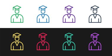 Mezuniyet ve mezuniyet başlığı simgesi siyah beyaz arka planda izole edildi. Vektör