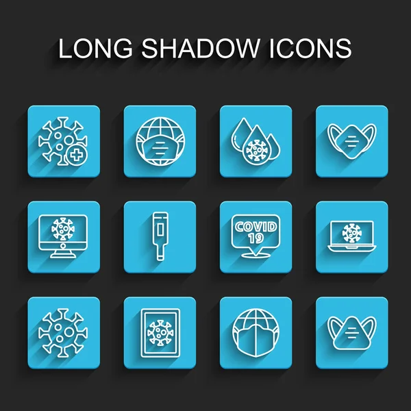 ラインを設定するウイルス、モニター上の統計、陽性ウイルス、医療用マスクで地球、医療保護、温度計、ラップトップ、コロナの場所のアイコン。ベクトル — ストックベクタ