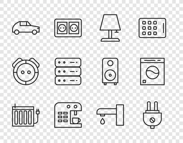 Set line Radiador de calefacción, Enchufe eléctrico, Lámpara de mesa, Cafetera, Coche, Servidor, Datos, Alojamiento Web, Grifo de agua e icono de lavadora. Vector — Archivo Imágenes Vectoriales