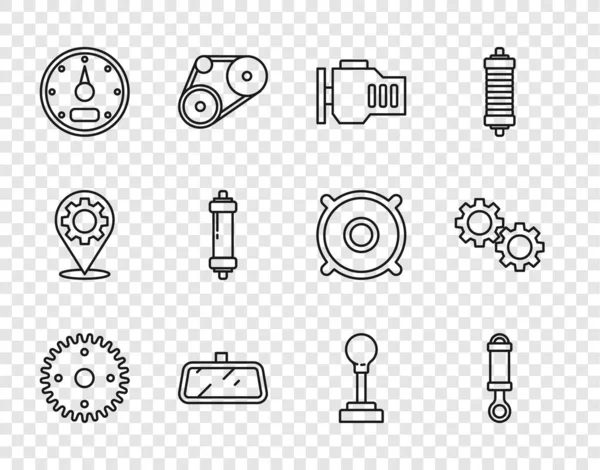 Set line Gear, Shock absorber, Check engine, Car mirror, Speedometer, shifter and icon. Vector — Stock Vector