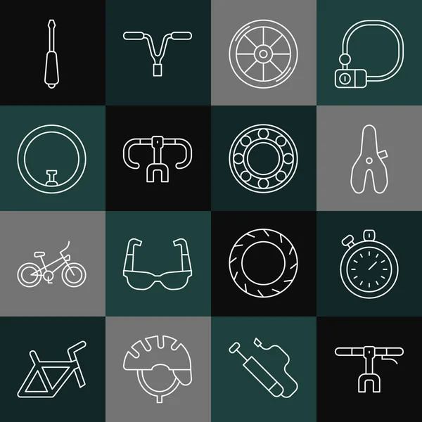 Set linea Manubrio bici, cronometro, sedile, ruota, cacciavite e cuscinetto a sfera icona. Vettore — Vettoriale Stock