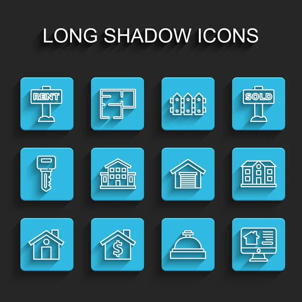 セットラインハウス、ドル記号、ハンギングサインレンタル、ホテルサービスベル、オンライン不動産ハウス、ガレージアイコンと。ベクトル — ストックベクタ